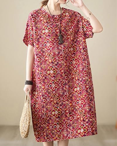 Image of LUZU JUNU Women's Summer Baggy Plus Size Loose Cotton Linen Long Boho Beach Dress with Pockets