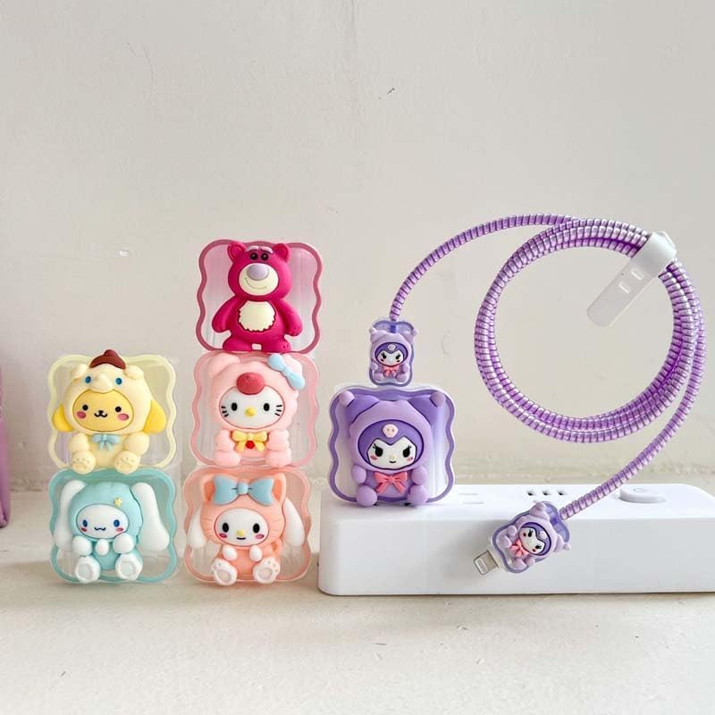 Image of 4 in 1 Compatible with iPhone Charger Case Cover | Silicon Charger Case Cover for Apple 18-20W 360 Degree Protection Case with Wire Saver (Purple Cat 1)