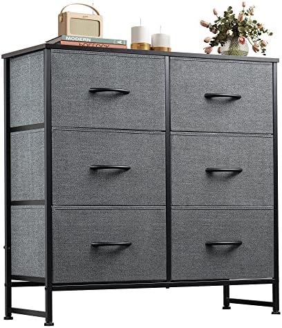 WLIVE Fabric Dresser for Bedroom, 6 Drawer Double Dresser, Storage Tower with Fabric Bins, Chest of Drawers for Closet, Living Room, Hallway, Nursery, Dark Grey