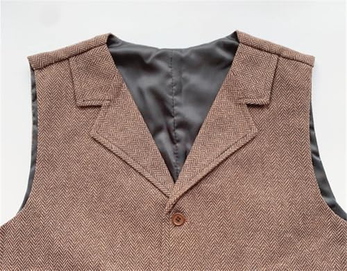 Men's Spring Suit Brown Wool Tweed Business Slim Gilet Homme For Groosmen Vests2