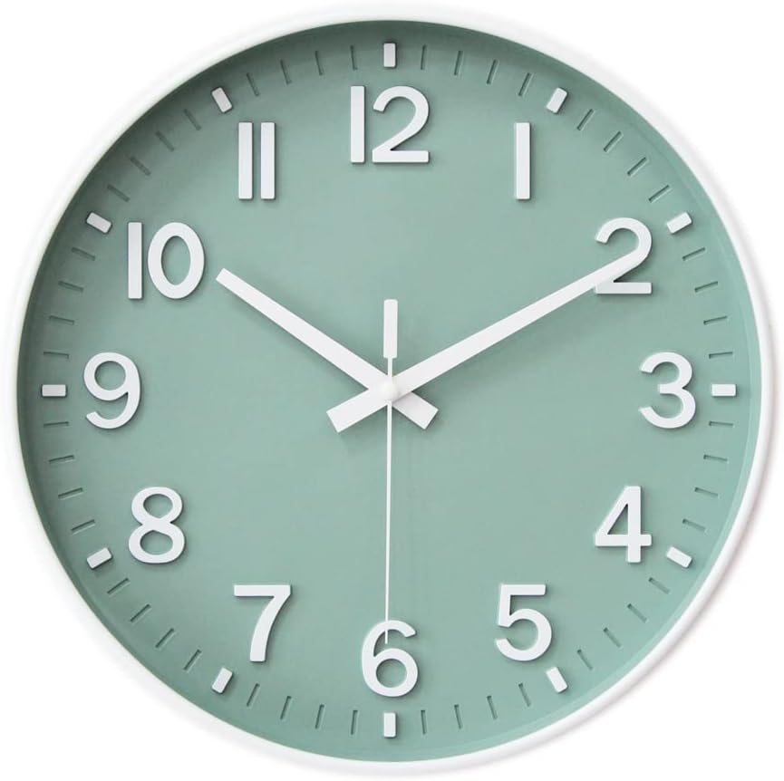 Wall Clock 12 Inch Silent Non Ticking Clock for Living Room Bedroom Kitchen Office (Green white)