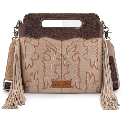 Image of Wrangler Western Handbag for Women Crossbody Bag Top Handle Shoulder Bag Embossed Cowgirl Fringe Purse