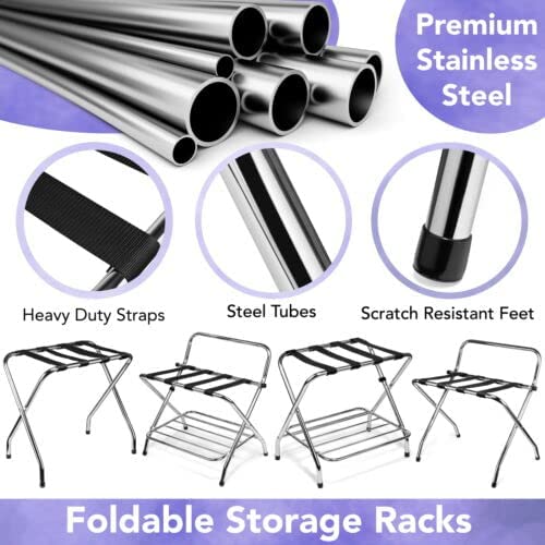 Ustech 2 Tier X Shaped Luggage Rack Made Of Premium Steel, With Nylon Straps, Rubber Feet, & High Back To Hold Suitcases & Luggage | Chrome Finish | Available In A Foldable Style #TOP3