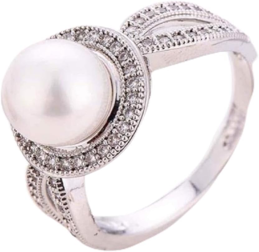 Xiaomei Women Pearl & White Sapphire 925 Sterling Silver Ring White Gold Filled White Pearl Wedding Engagement Ring Size 6-10