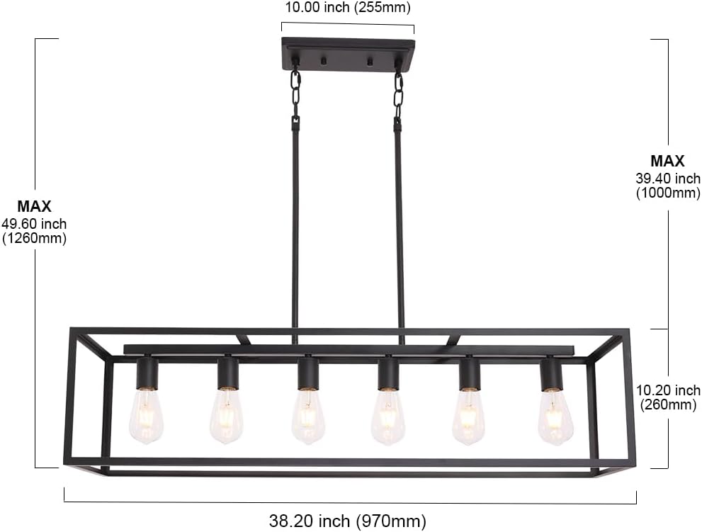 BONLICHT Black Rectangle Farmhouse Chandelier 6 Light Modern Dining Room Lighting Fixture Hanging Kitchen Island Pendant Light Industrial Metal Linear Cage Flush Mount Ceiling Light for Hallway Foyer