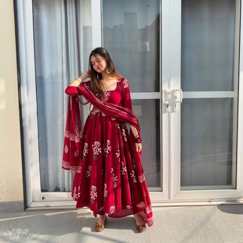 Image of ANNI Designer | Rayon Anarkali Printed Kurta Pant Dupatta Set | Stylish Cotton Kurti Set for Women | Ethnic Co-ord Suit Set with Dupatta Festive Kurta Sets for Women