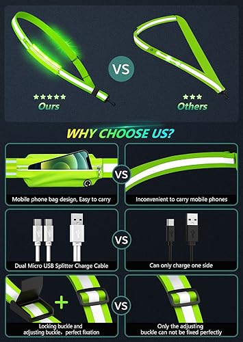 Fokia Kunbio LED Reflective Belt Sash for Walking at Night, Night Running Safety Gear High Visibility Rechargeable LED Light Up Running Belt for Runners Walkers Men Women (Green)