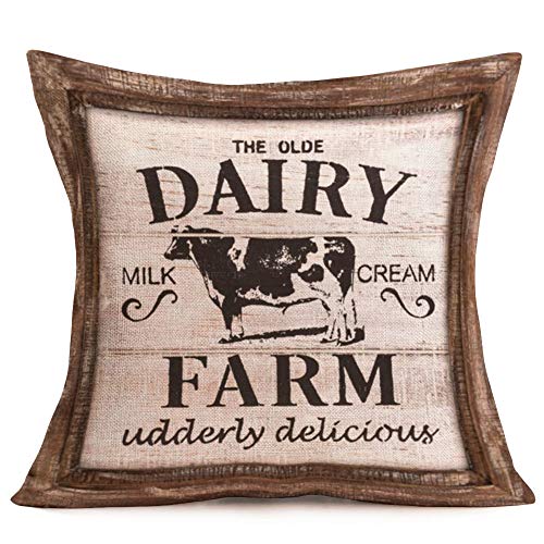 Aremetop Farmhouse Decorative Throw Pillow Covers Country Rustic Animal With Retro Wood Cushion Decor Pillowcase Farm Fresh Dairy Cow Cotton Linen Cushion Cover Set Of 4,18’’X18'' #TOP2