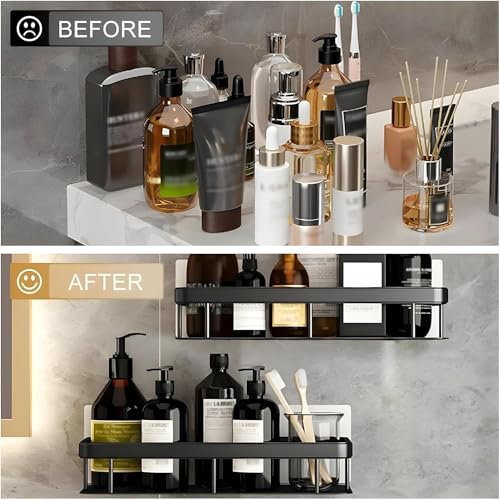 Image of Dwain Wall Mounted Bathroom Shelf with Guard Rail, Aluminium Storage Rack with Drainage Base, Black Finish (Pack of 2) (Black)
