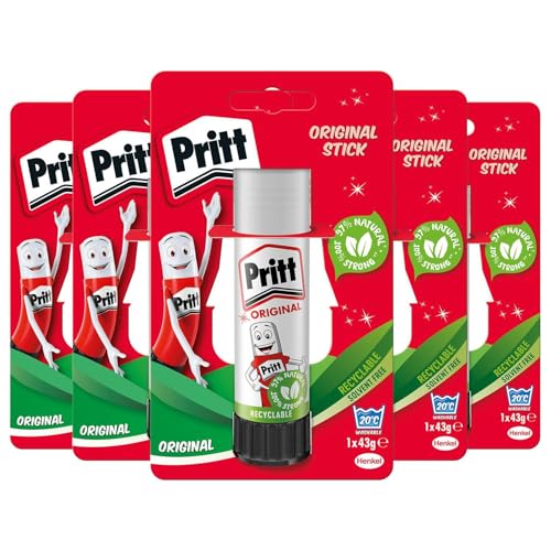 Pritt Stick Original Glue Stick for School, Crafting and Office Pack of 5-97% natural child-friendly adhesive, solvent-free, low-wrinkle formula that is strong, long-lasting,and easy to wash 43gEach
