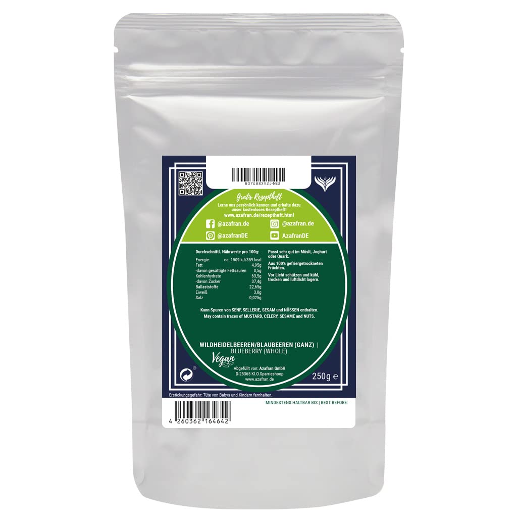 Azafran Wildheidelbeeren gefriergetrocknet, Heidelbeeren getrocknet (Blaubeeren ganz) 500g