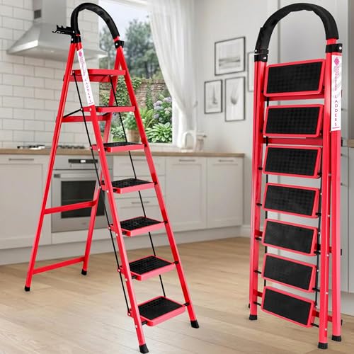 Image of Casa Copenhagen Red 7 Step Ladder for Home Use with Built-in Tool Tray | Heavy Duty D Shape Rods | Ultra Large Platform | Wide Rubber Feet | 150Kg Capacity Foldable Ladder - 7 Years Warranty