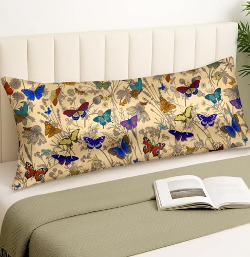 Satin Body Pillow Cover with Zipper - 20x54 Inch Silky Long Pillow Case for Women Ladies Adults Soft Bed Decorative Cute Boho Large Body Pillowcase for Hair and Skin, Butterfly