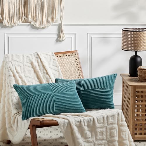 Image of Fancy Homi 2 Packs Teal Lumbar Decorative Throw Pillow Covers 14x22 Inch for Living Room Couch Bed Sofa, Rustic Farmhouse Boho Home Decor, Soft Striped Corduroy Rectangle Accent Cushion Case 35x55 cm