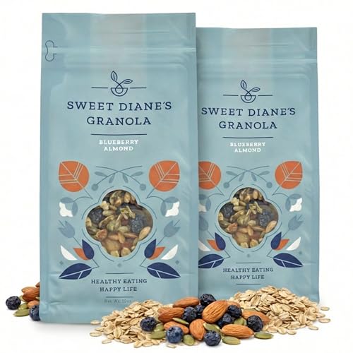 Image of Sweet Diane's Organic Granola - Blueberry Almond | 2-Pack (12 oz Each) | Vegan, Gluten-Free, High Fiber, Low Sugar | Organic Oats, Almonds, Seeds & Dried Blueberries