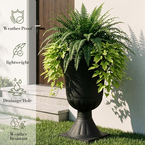 Worth Garden 2-Pack Plastic Urn Planters for Outdoor Plants, 22'' Black Tall Round Classic Resin Traditional Flower Pots - 15 in. Dia Large Imitation Stone Decorative Pot Patio Deck Front Porch by Worth - Used condition - Image 3