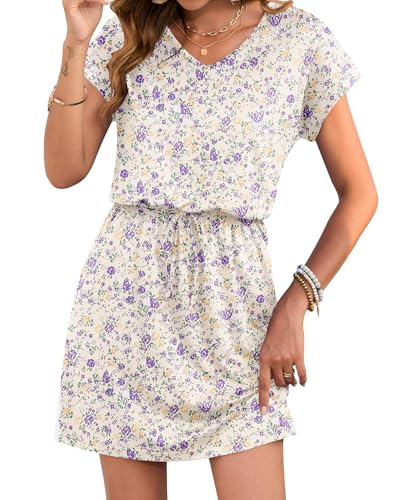 Image of AUSELILY Womens Summer Mini Dress, Short Sleeve V Neck Drawstring Casual | Soft smooth drape with an adjustable drawstring waist for beach, casual outings and daily wear