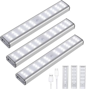Motion Sensor Closet Lights 3Pack, 30 LED Dimmable Wireless Under Cabinet Lighting with Built-in Rechargeable Battery, Stick-on Anywhere Magnetic Night Lamp for Cupboard Wardrobe Kitchen Stairs