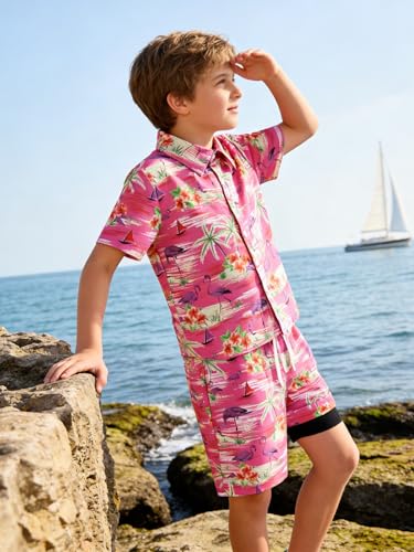 Image of UNICOMIDEA Boys Hawaiian Outfits Tropical Print Button Down Shirt + Swim Trunks 2 Piece Sets for 5-12T Kids
