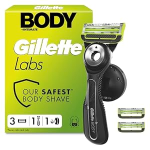 GilletteLabs Body + Intimate Razor with Magnetic Shower Hanger, Anti-ingrown Bar, Anti-irritation Bar, 1 Ergonomic Razor Handle with Easy Reach Shower Grip, 3 Cartridges