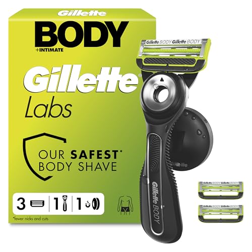 GilletteLabs Body + Intimate Razor with Magnetic Shower Hanger Anti-ingrown Bar Anti-irritation Bar 1 Ergonomic Razor Handle with Easy Reach Shower Grip 3 Cartridges