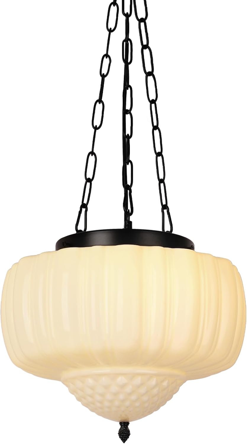 14" Vintage Milk Glass Pendant Light, Mid-Century Modern Schoolhouse Ceiling Chandelier, Vintage White Opal Flush Hanging Fixture for Kitchen Island, Dining Room, Bedroom, Living Room