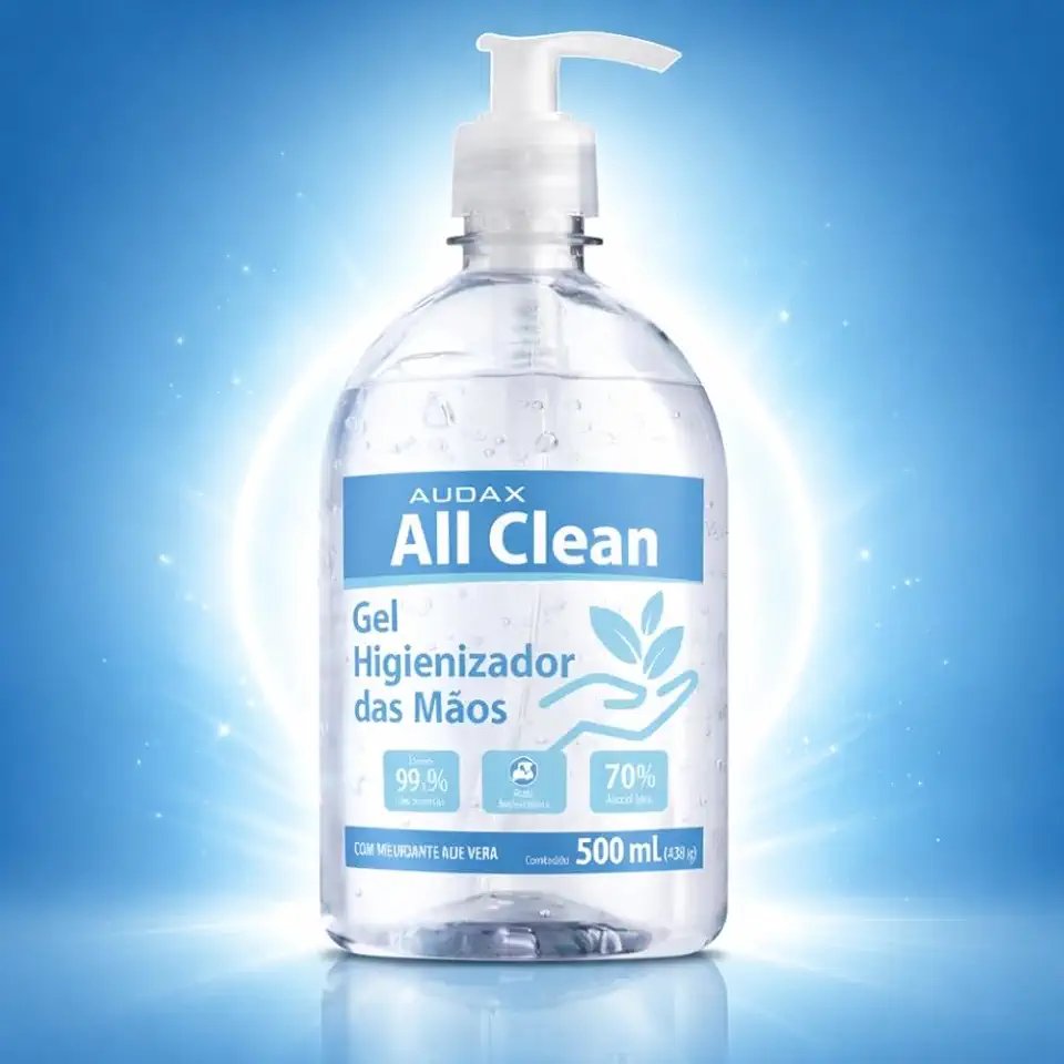 Álcool Gel 70% Higienizador de Mãos 500ml All Clean – Proteção Antibacteriana, Com Aloe Vera, Toque Suave, Secagem Rápida