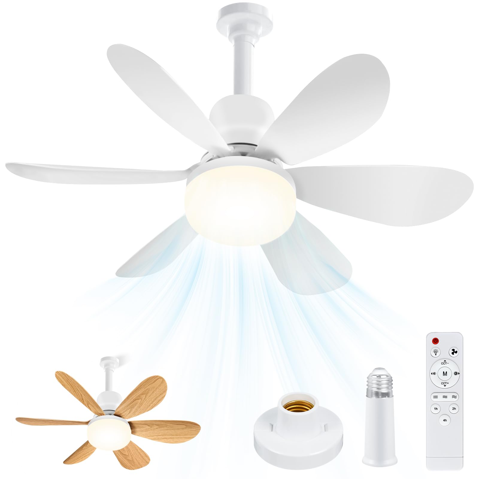 Ulikey Ventilatore da Soffitto con Luce, 12 Pale Plafoniera Soffitto (6 Bianco +6 Legno), 52CM LED Dimmerabile Ventola Soffitto, con Base E27, 3 Velocità, Silenziosa, per Soggiorno, Lamera da Letto