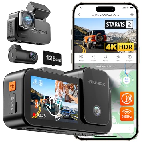 WOLFBOX X5 3 Channel 4K HDR Dash Cam STARVIS 2 IMX678 8MP Night Vision 4K+2.5K+1080P Front and Rear Inside Car Camera with 128GB Card and GPS Support Voice Control Touch Screen and 5.8GHz WiFi