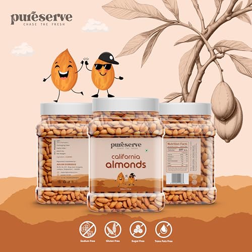Image of Pureserve Natural California Almonds 1Kg (500g*2) - Whole Badam Giri | High in Protein, Fiber & Essential Nutrients | Boosts Immunity & Energy | 100% Natural, Gluten-Free Superfood | Jar Pack OF 2