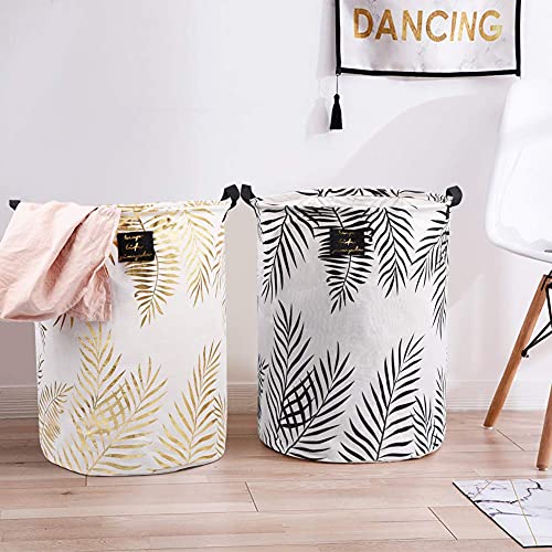 Uujoly Collapsible Laundry Basket, Laundry Hamper With Handles Waterproof Round Cotton Linen Laundry Hamper Printing Household Organizer Basket, 19.7X15.7 Inches (Gold Leaf) #TOP5