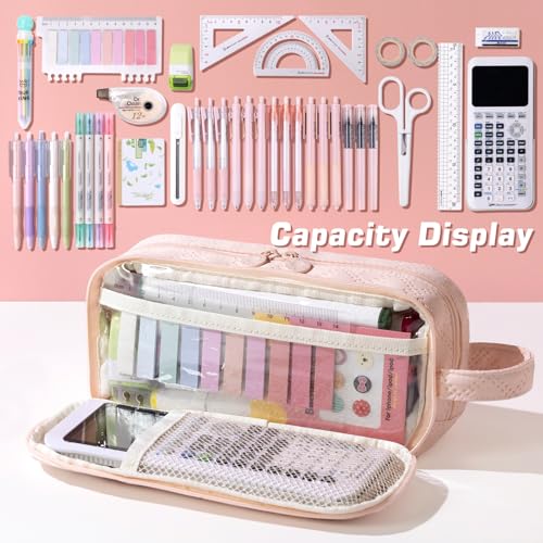Image of EASTHILL Large Capacity Pencil Case Cute Pencil Pouch with Handle Stationery Pen Bag for Teen Girls-Pink