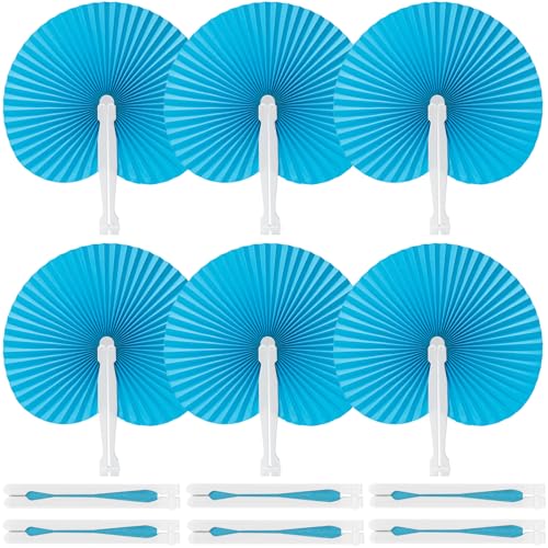 JOHOUSE Decorative Round Hand Fan Foldable, 12 Packs Blue Folding Fans Handheld Chinese and Japanese Style Crafts for Wedding, Dancing, Party Favors DIY Decoration