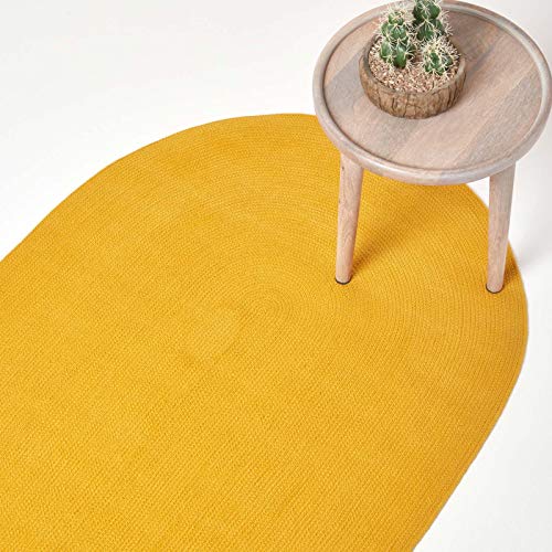 HOMESCAPES Tapis Ovale Artisanal tissé à Plat en Coton Jaune Moutarde pour la Chambre ou Le Salon, 50 x 80 cm