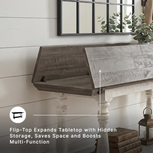 Image of Signature Design by Ashley Havalance Farmhouse Sofa Table, Flip Top Design for Additional Dining Space and Fixed Lower Shelf, Gray & White with Weathered Finish