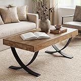 Tribesigns Table Basse Rectangulaire 120 cm – Style Industriel Moderne, Plateau Bois veiné épais, Finitions Marron Rustique, Pieds croisés incurvés – pour Salon, Loft