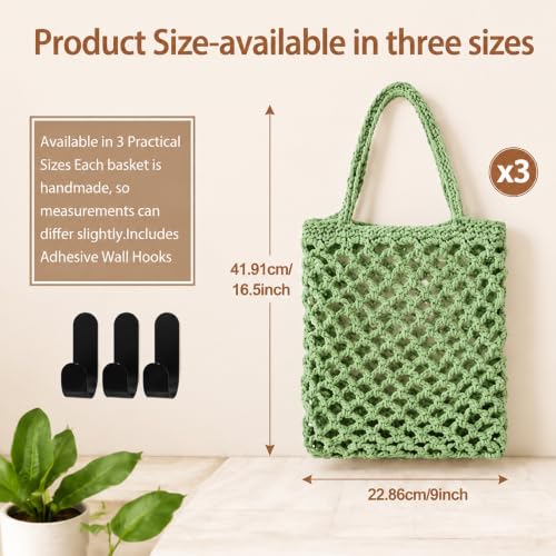 Image of Honeydak 3 Hanging Baskets, Sage Green, Mesh, Cotton Rope