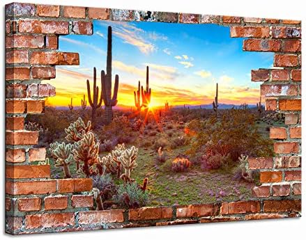 LevvArts Modern Canvas Wall Art Saguaros at Sunset Landscape Poster Canvas Arizona Sonoran Desert Pictures with Brick Wall Background Painting Artwork Vintage Bedroom Apartment Decor Framed
