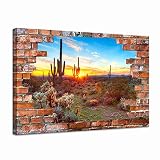 LevvArts Modern Canvas Wall Art Saguaros at Sunset Landscape Poster Canvas Arizona Sonoran Desert Pictures with Brick Wall Background Painting Artwork Vintage Bedroom Apartment Decor Framed