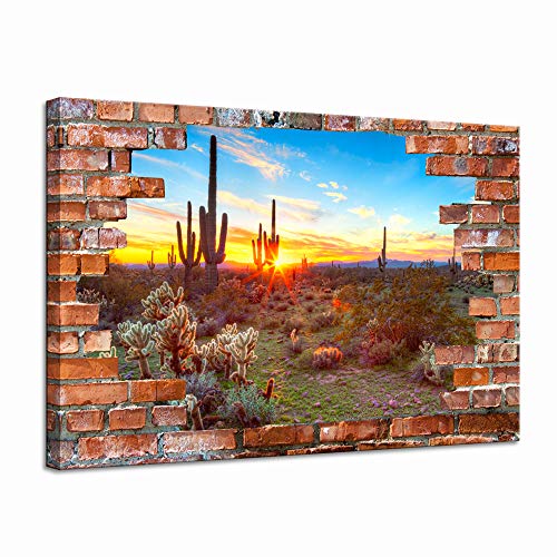Levvarts Modern Canvas Wall Art Saguaros At Sunset Landscape Poster Canvas Arizona Sonoran Desert Pictures With Brick Wall Background Painting Artwork Vintage Bedroom Apartment Decor Framed #TOP7