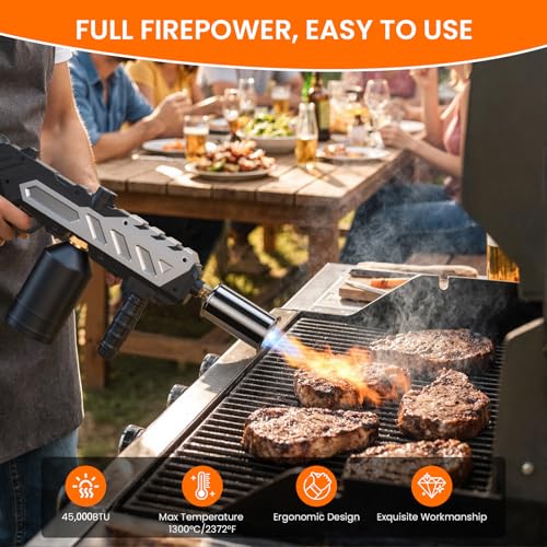 Image of Propane Torch Gun, Detachable & Adjustable Flame Thrower Gun, 1800℃ Heavy Duty Blow Torch for BBQ, Searing Steak, Campfire Starter, Ice Melting and Soldering, Sliver (Tank Not Included)