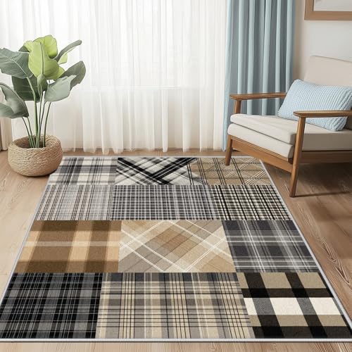 Tapis patchwork lavable 100 x 140 cm antidérapant et classique kaki - 2