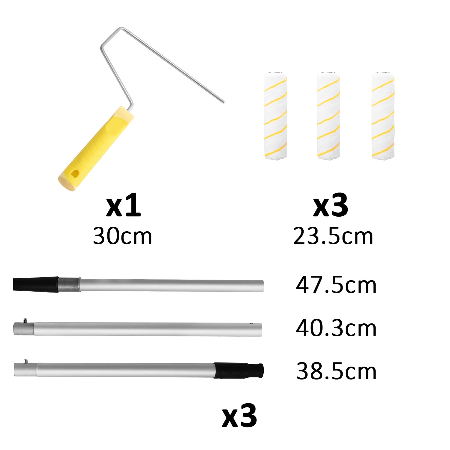 Rouleau à peinture avec manche amovible en aluminium - Outil de peinture murale domestique pour murs et plafonds - Facile à installer et à enlever (3 pinceaux rouleaux)