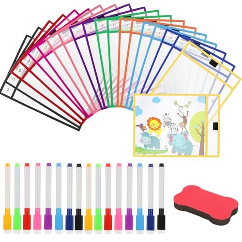 Bolsillos de borrado en seco transparentes de 25,5x36 cm con 16 bolígrafos para profesores