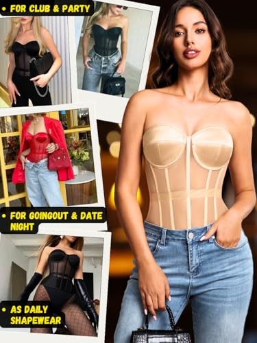 Image of Kaei&Shi Sheer Mesh Overbust Corset,Sexy Strapless Lace Up Satin Bra Corsets Top For Women Shapewear