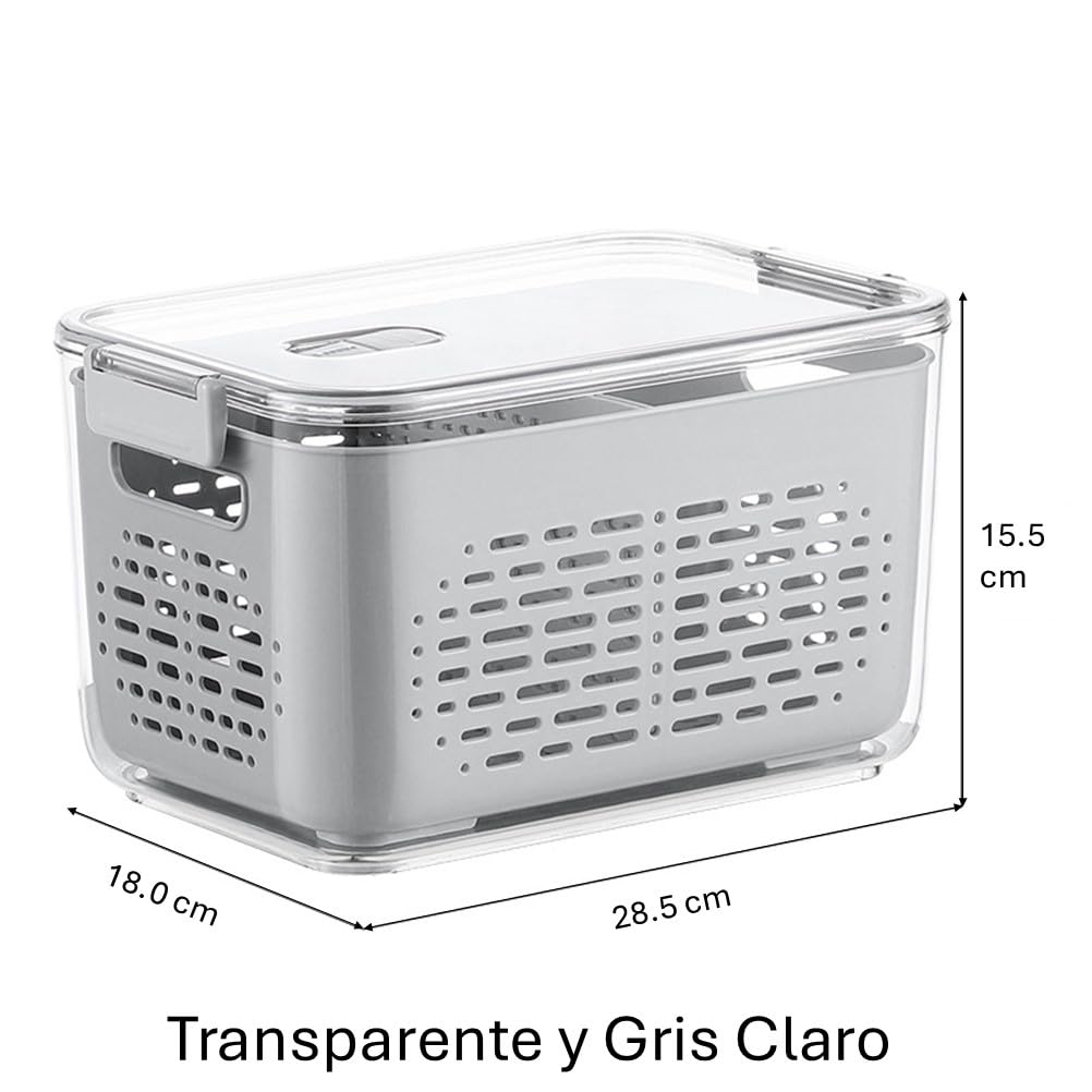 Katalia Organizador Nevera Frigorifico Cocina Multifuncional Cesta Escurridor y Almacenamiento de Alimentos con Tapa Material Resistente BPA-Free Transparente y Gris