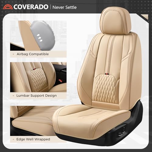 Image of Coverado Car Seat Covers, Front Seat Covers with Lumbar Support, Beige Leather Seat Cover for Cars, Waterproof Car Seat Protector, Automotive Seat Cover Car Seat Cushion Universal Fit for Most Cars