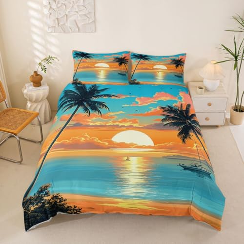Homewish Housse de Couette Thème D'Été,Parure de Lit 140x200 Enfant Plage de L'Océan Tropical,Sets de Housses de Couettes Plage D'Hawaï,Couvre Lit Arbres...