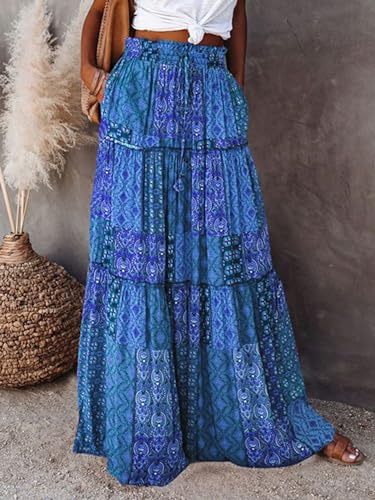 Womens Boho Print Tiered Long Skirts Vintage Elastic High Waist Pleated Ruffle Flowy Maxi Skirt with Pockets3