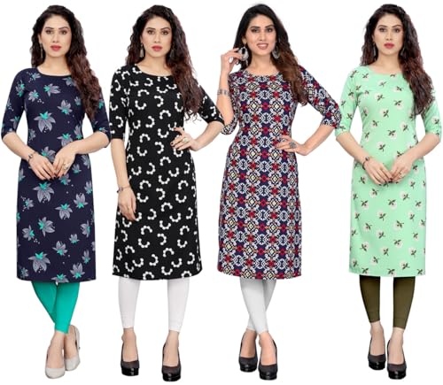 Image of JAKHANA Women's Crepe Printed Casual Straight Calf Length Round Nick Kurta Pack of 4